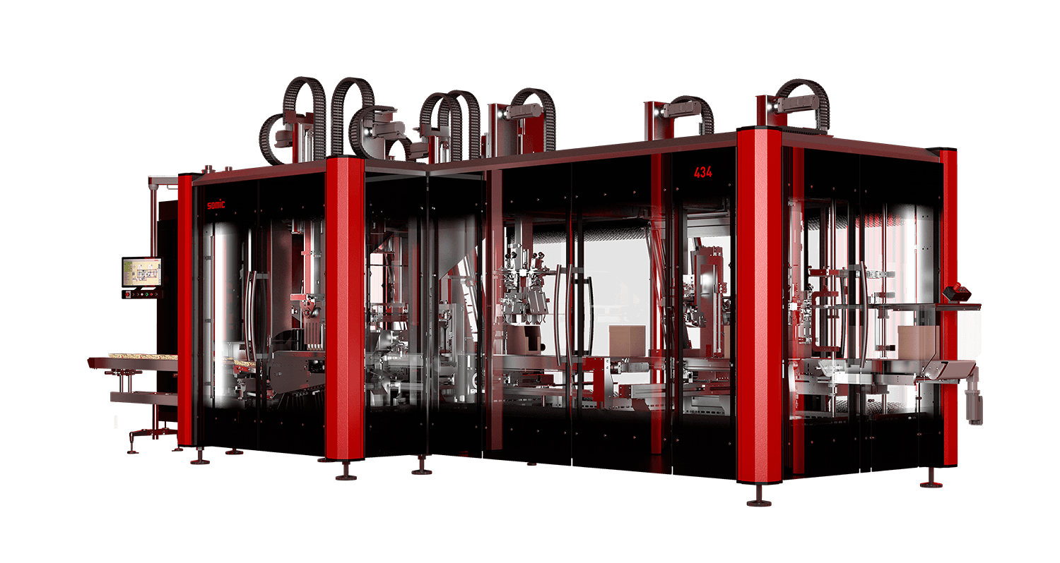 Technical illustration of the SOMIC 434 TDW end-of-line packaging machine with machine components